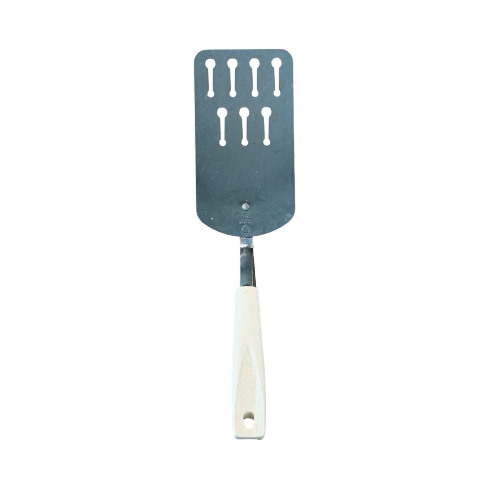 Vintage Ekco Spatula Chromium Plated Slotted Turner White Handle USA MCM